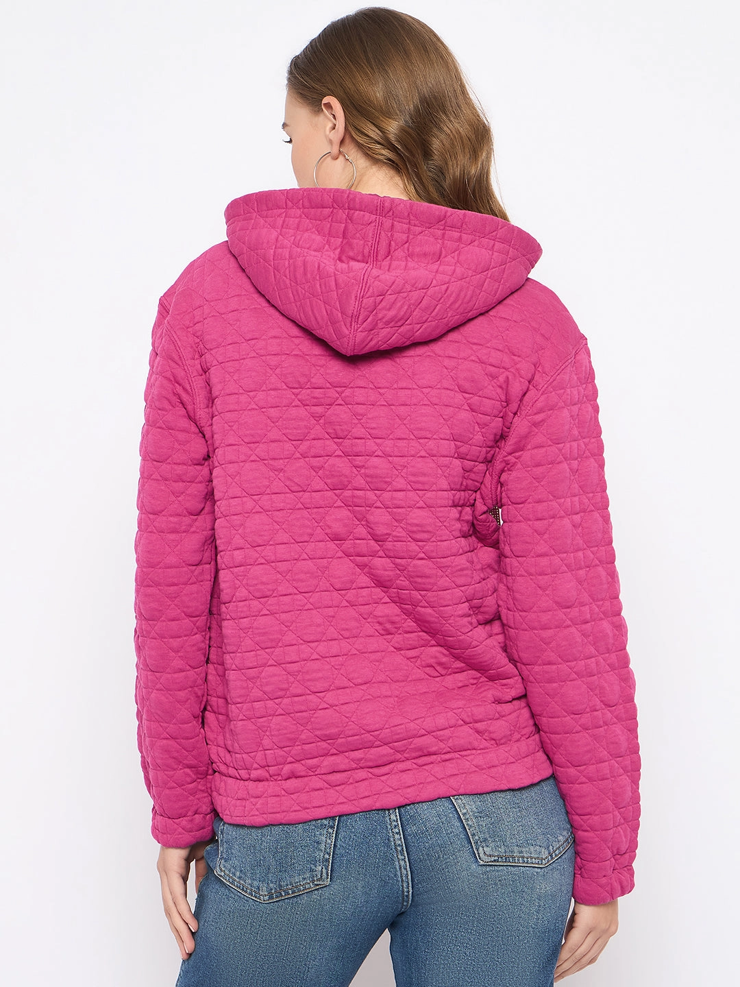 Madame Cotton Blend Self-Textured Zipped Hot Pink Sweatshirt Casual Outerwear