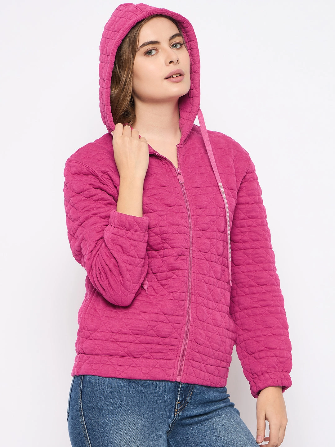 product stud toughness Madame Cotton Blend Self-Textured Zipped Hot Pink Sweatshirt