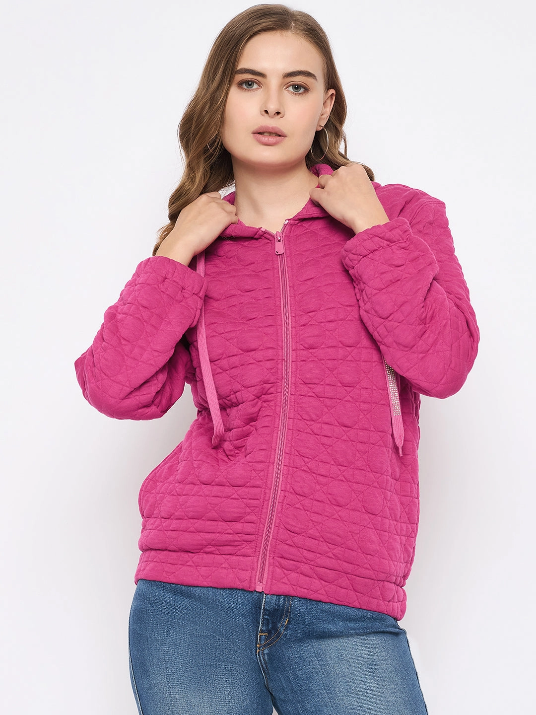 Madame Cotton Blend Self-Textured Zipped Hot Pink Sweatshirt Coffee Run