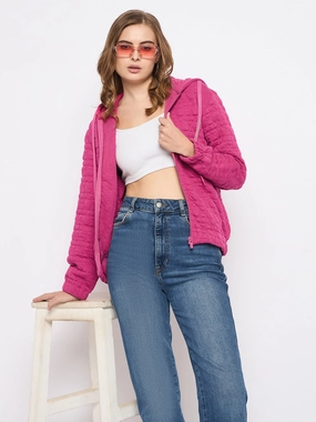 Madame Cotton Blend Self-Textured Zipped Hot Pink Sweatshirt Daily Relaxed