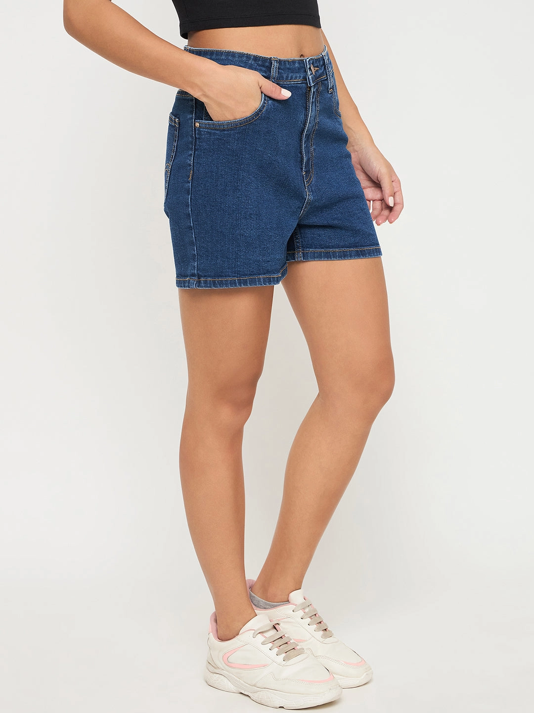 Madame Cotton Blend Solid Mid Blue Denim Shorts Roll Up Hem Breezy Look