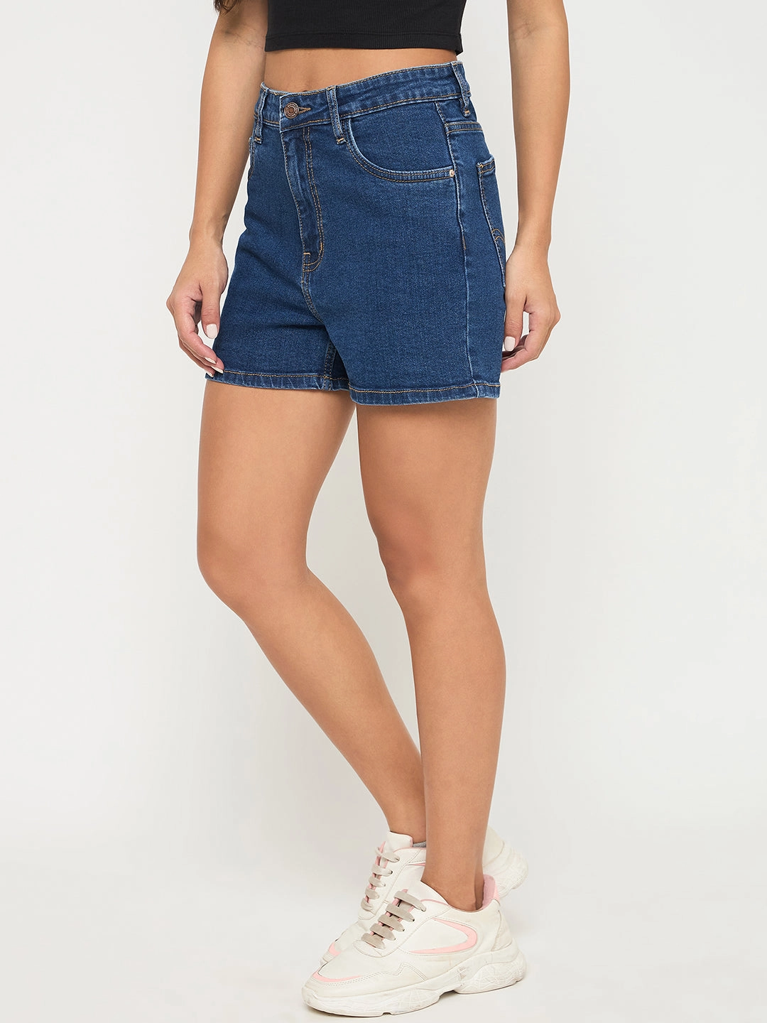 Twist Front Everyday Comfort Madame Cotton Blend Solid Mid Blue Denim Shorts