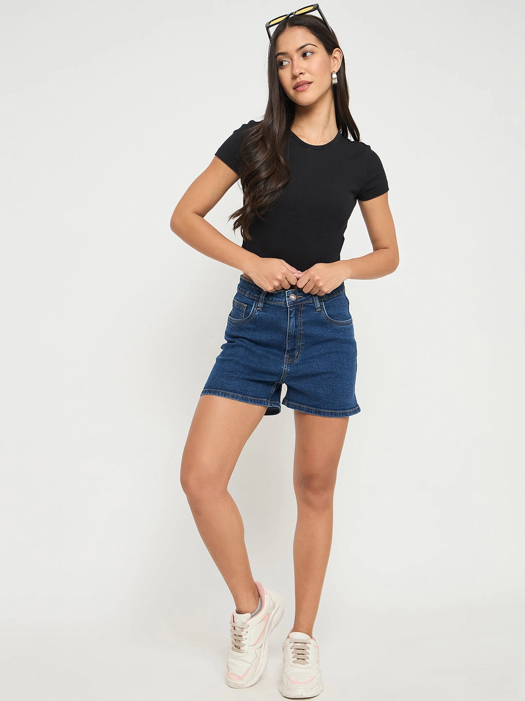 Madame Cotton Blend Solid Mid Blue Denim Shorts Classic Choice Romantic Vibe