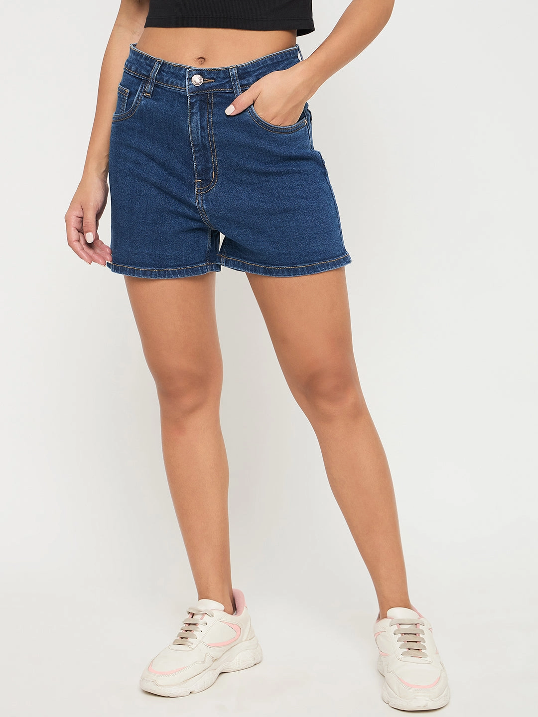 Comfort Fit Elastic hemline Madame Cotton Blend Solid Mid Blue Denim Shorts