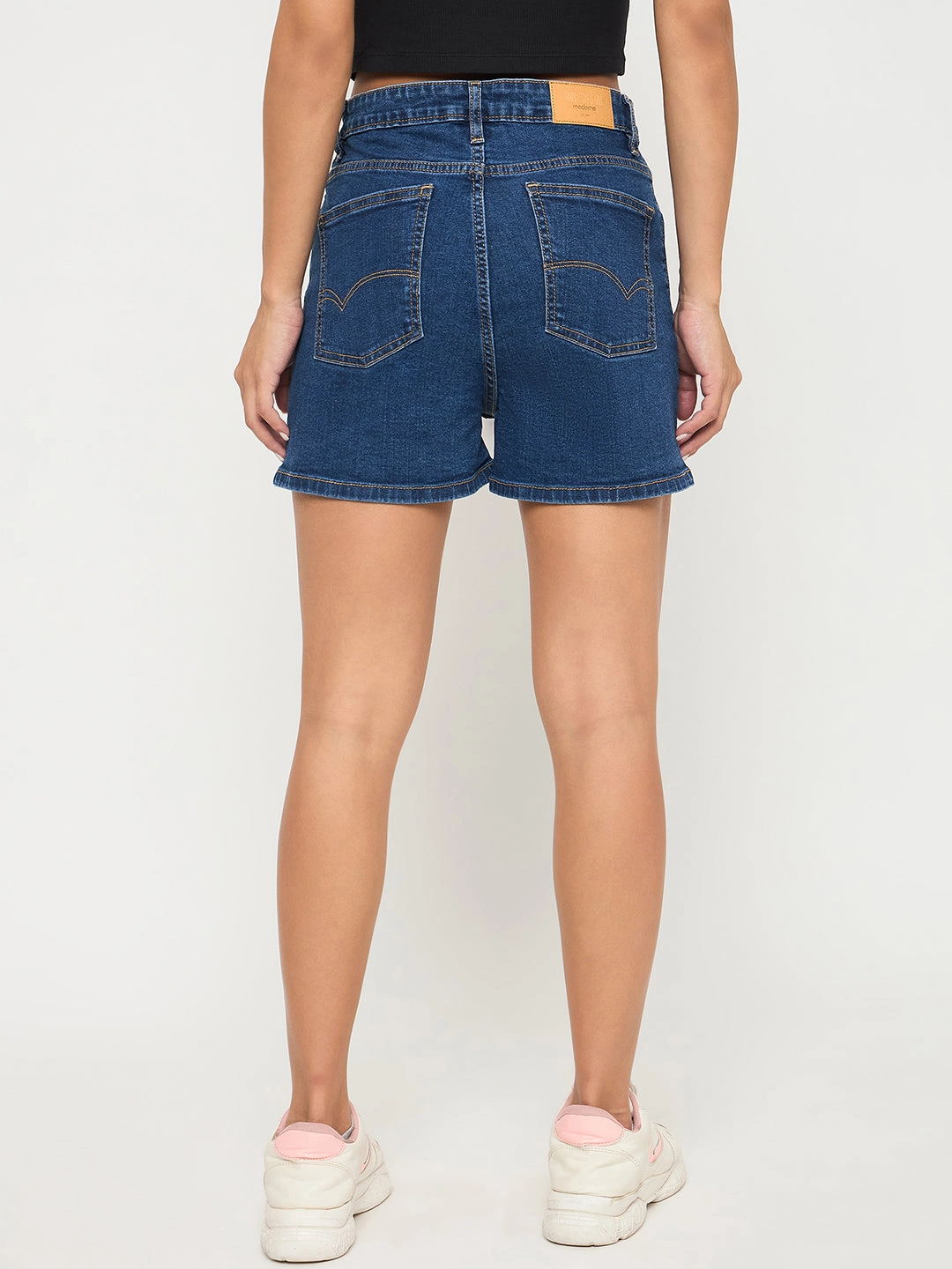 Lightweight texture Madame Cotton Blend Solid Mid Blue Denim Shorts