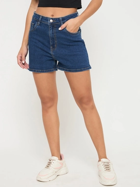 Comfort Fit Elastic hemline Madame Cotton Blend Solid Mid Blue Denim Shorts