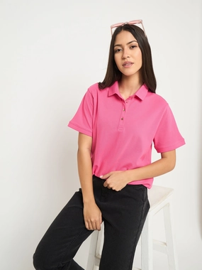 Madame Cotton Blend Solid Pink Polo T-shirt All-day style