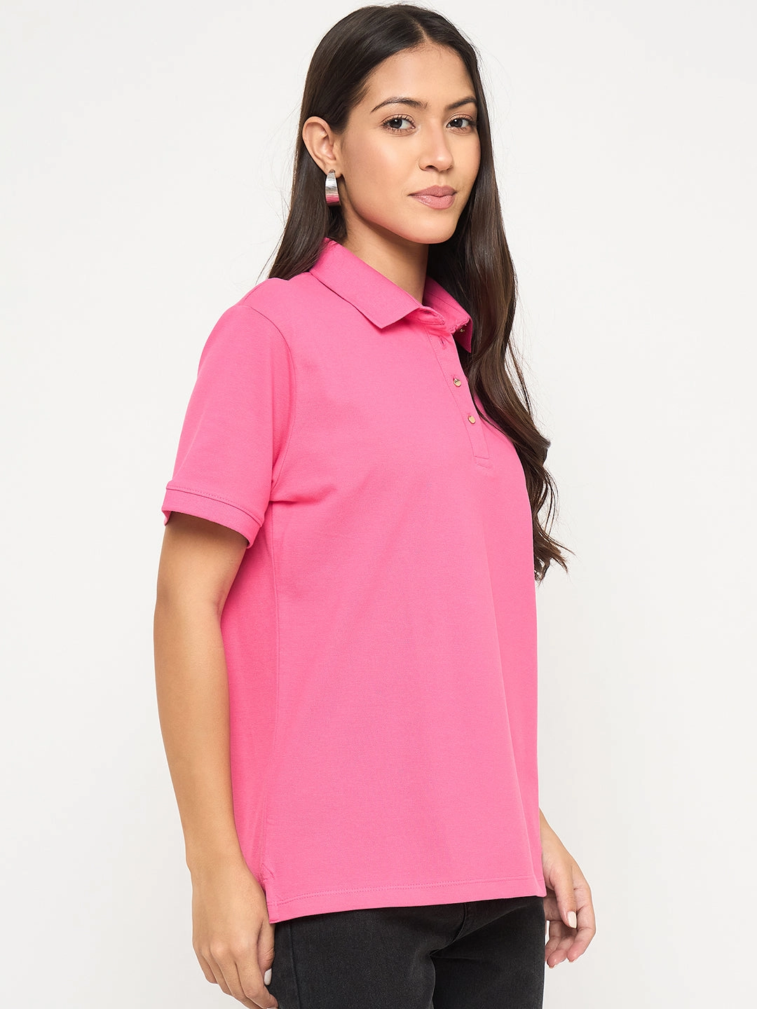 Madame Cotton Blend Solid Pink Polo T-shirt Fit Design