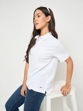 Versatile Layering Piece Everyday Fashion Look Madame Cotton Blend Solid White Polo T-shirt