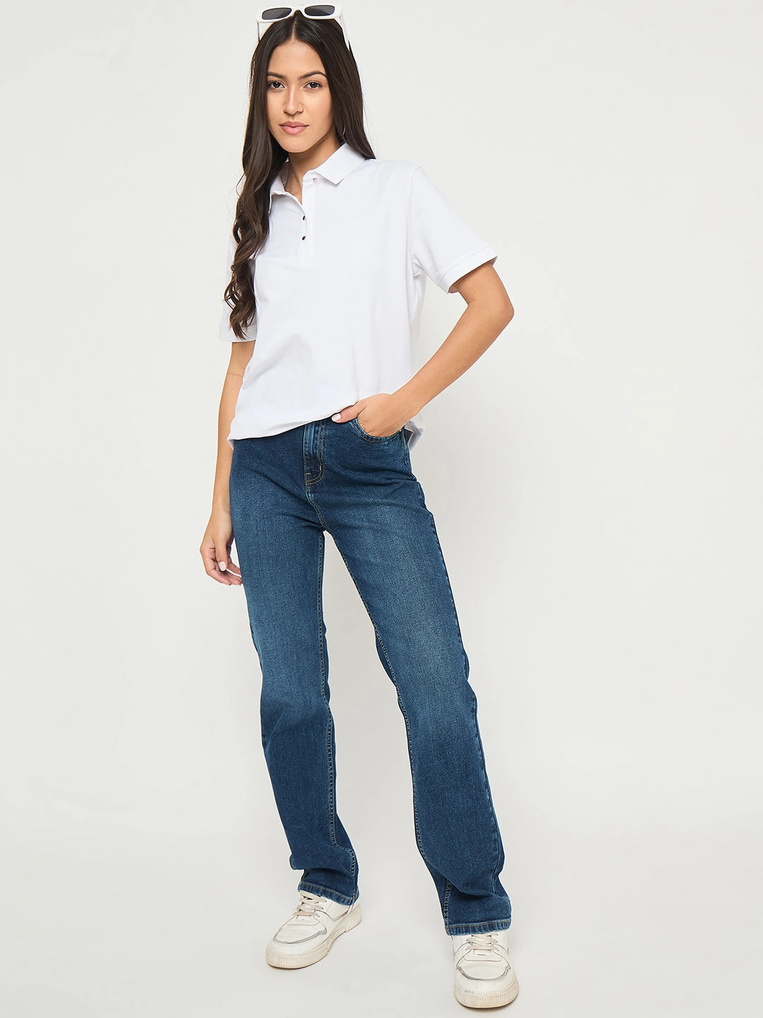 Comfortable Layers Stretchable Knit Madame Cotton Blend Solid White Polo T-shirt