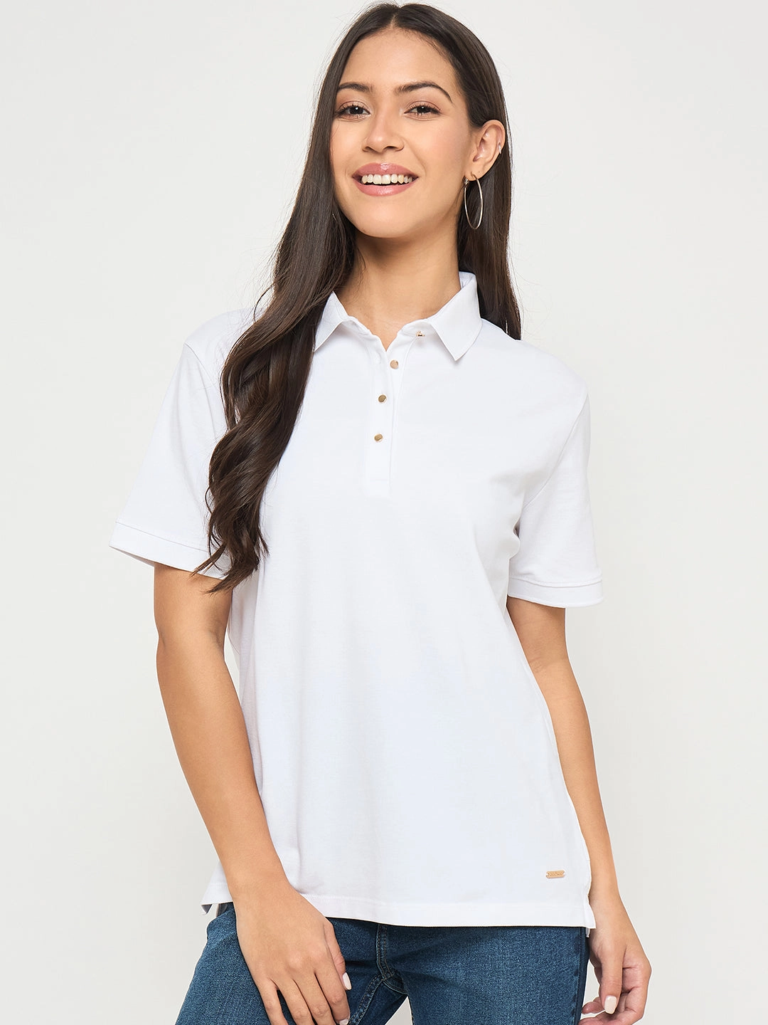 Madame Cotton Blend Solid White Polo T-shirt Cozy Fit Travel Comfort Style