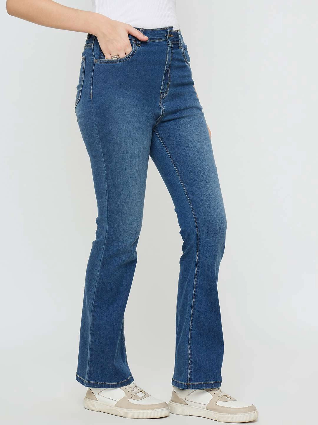 Double Layered Knees Modern Silhouette Madame Cotton Blend Stone Wash Mid Blue Flared Jeans