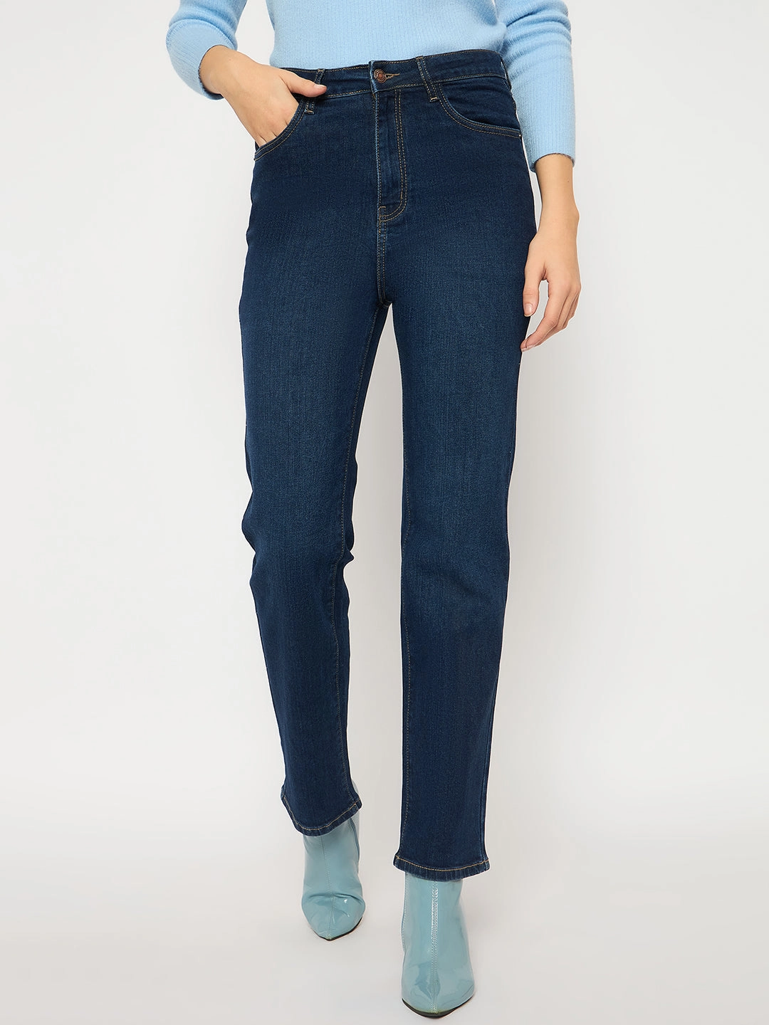 Madame Cotton Blend Stone Wash Straight Fit Dark Blue Denim Jeans Daily Mix