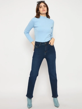 Madame Cotton Blend Stone Wash Straight Fit Dark Blue Denim Jeans Classic Autumn Days Adult Fashion