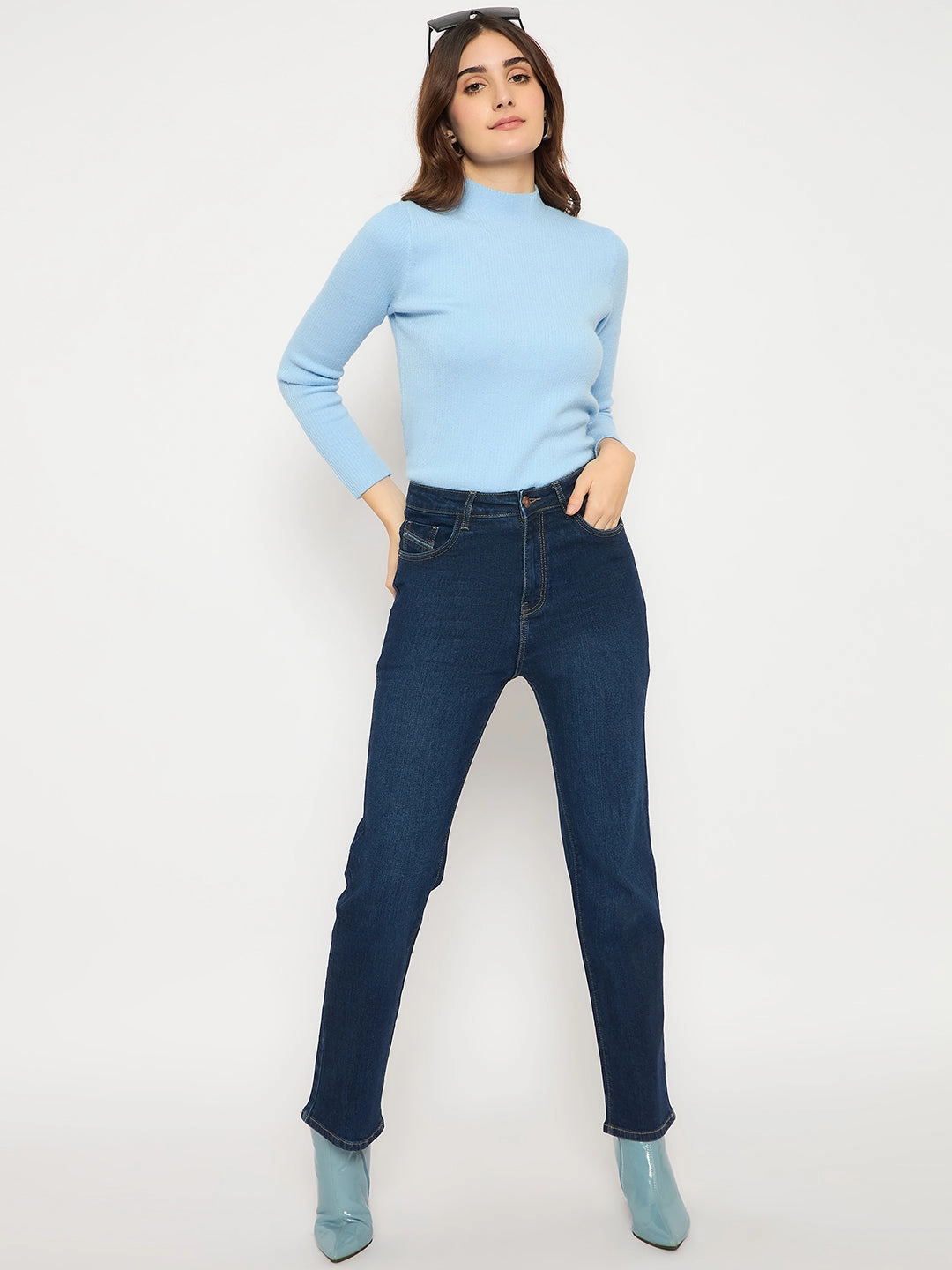 Madame Cotton Blend Stone Wash Straight Fit Dark Blue Denim Jeans Classic Autumn Days Adult Fashion