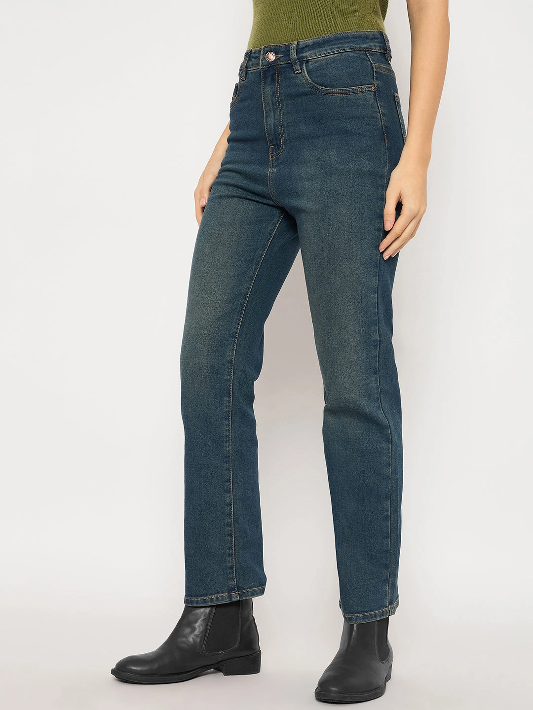 Madame Cotton Blend Stone Wash Straight Fit Tinted Blue Denim Jeans Festival Outfit Minimalist Style Soft Date Night Street Fashion
