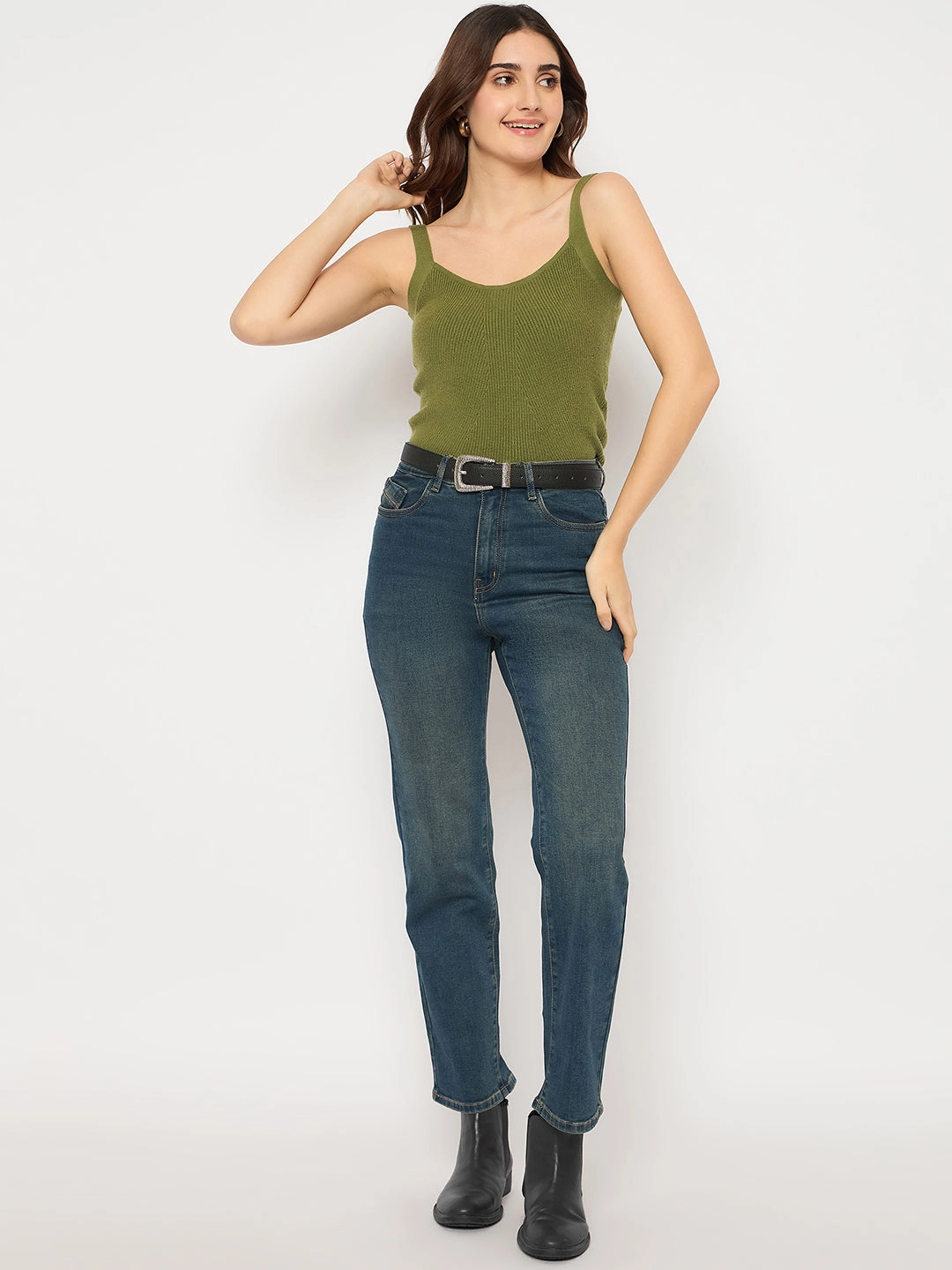 Gym Ready Evening Stroll Madame Cotton Blend Stone Wash Straight Fit Tinted Blue Denim Jeans