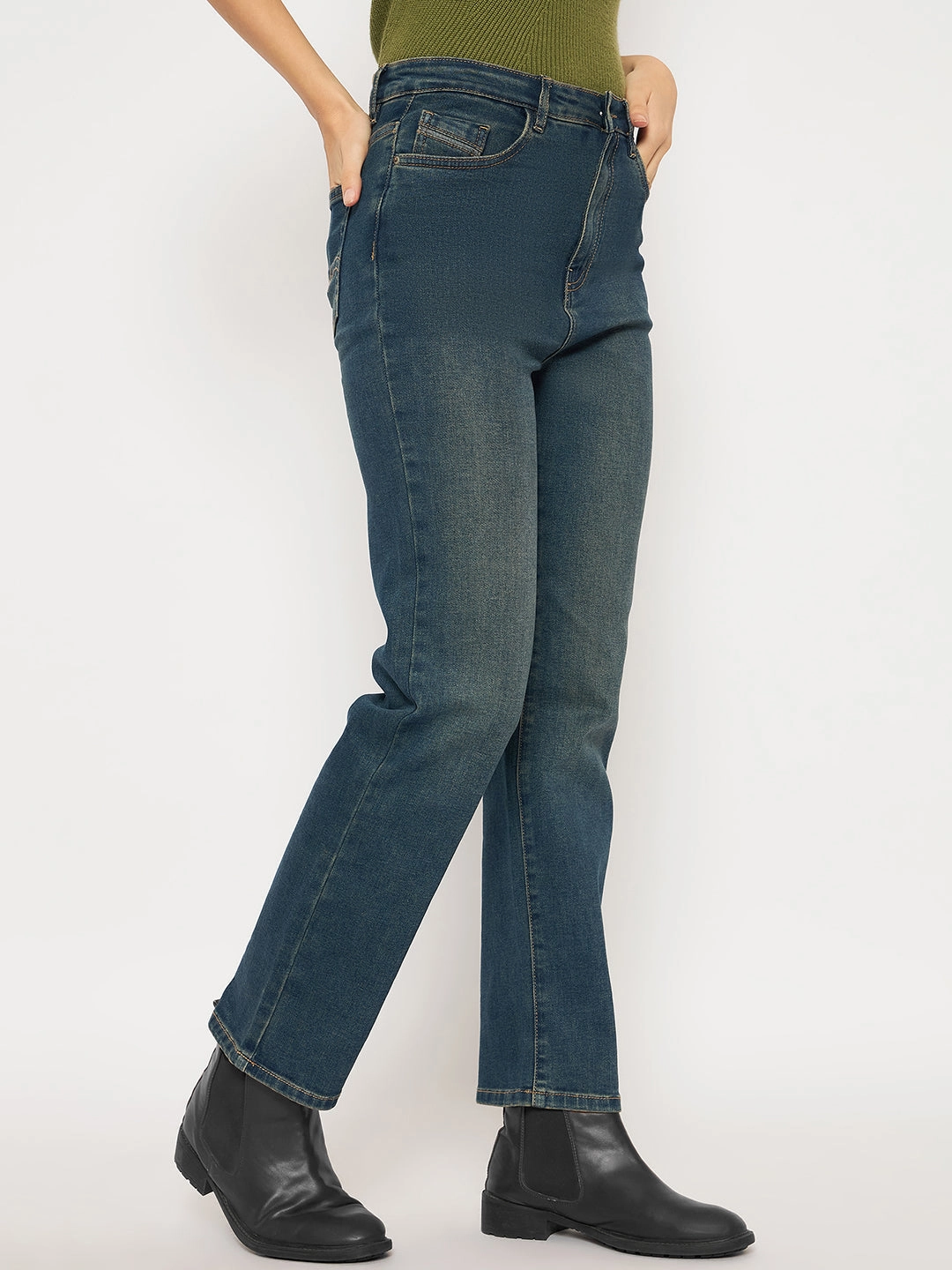 Outfit Mood Madame Cotton Blend Stone Wash Straight Fit Tinted Blue Denim Jeans