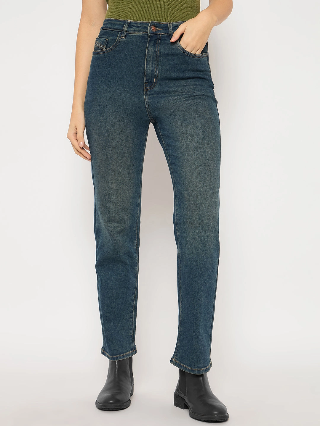 Heavyweight Denim Daily Function Madame Cotton Blend Stone Wash Straight Fit Tinted Blue Denim Jeans