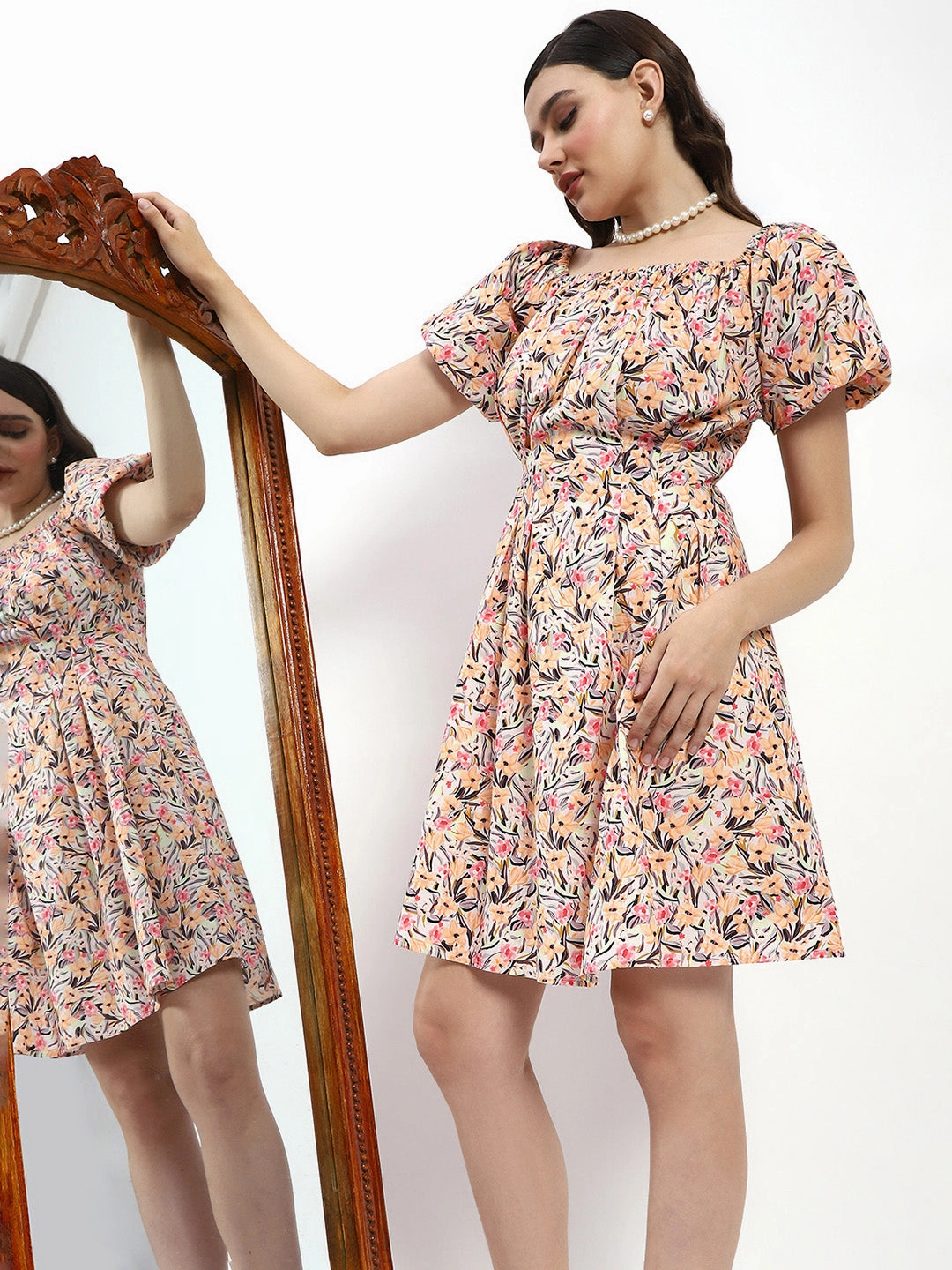 Madame Cotton Floral Print Off Shoulder Orange Mini Dress Easy Comfort Look Slender Look