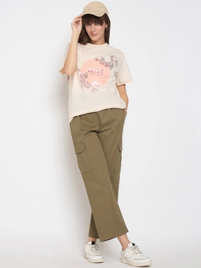Madame Cotton Straight Green Cargo Pants NonPill Surface Treatment