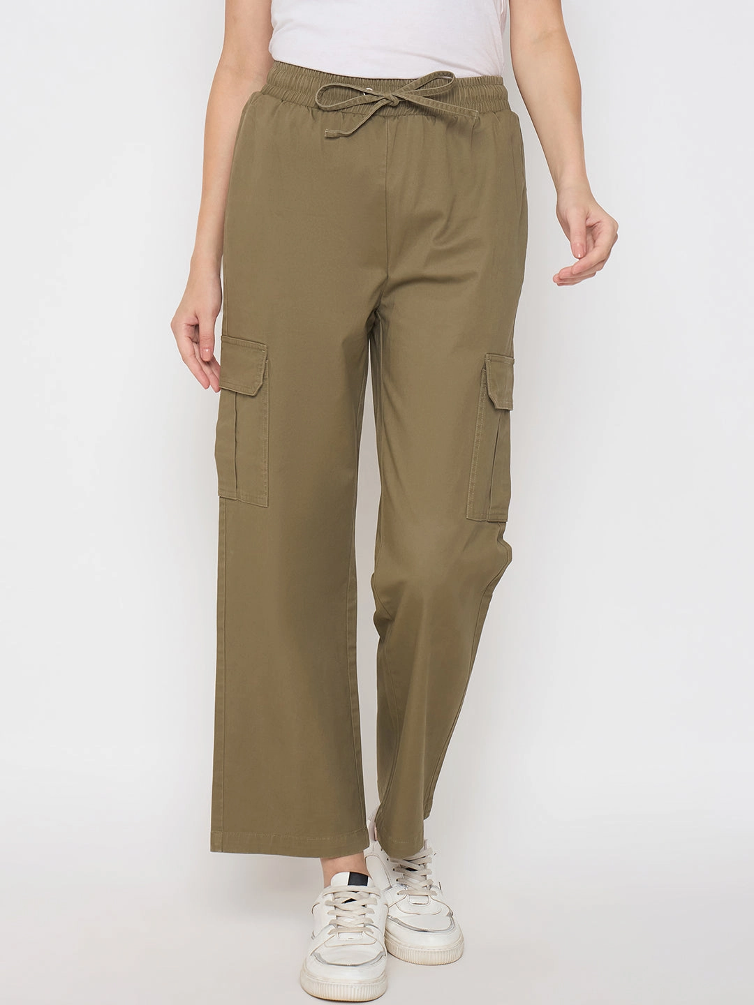 Madame Cotton Straight Green Cargo Pants AllDaySoftness WideNeckOpening