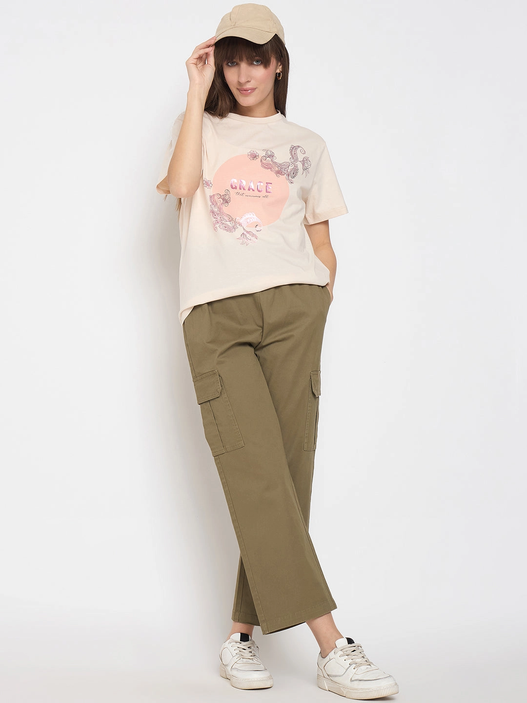 Madame Cotton Straight Green Cargo Pants NonPill Surface Treatment