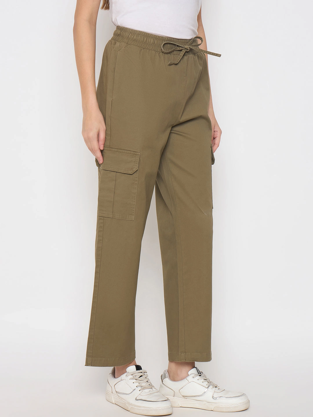 Madame Cotton Straight Green Cargo Pants Relaxed Silhouette Temperature Regulating Fabric