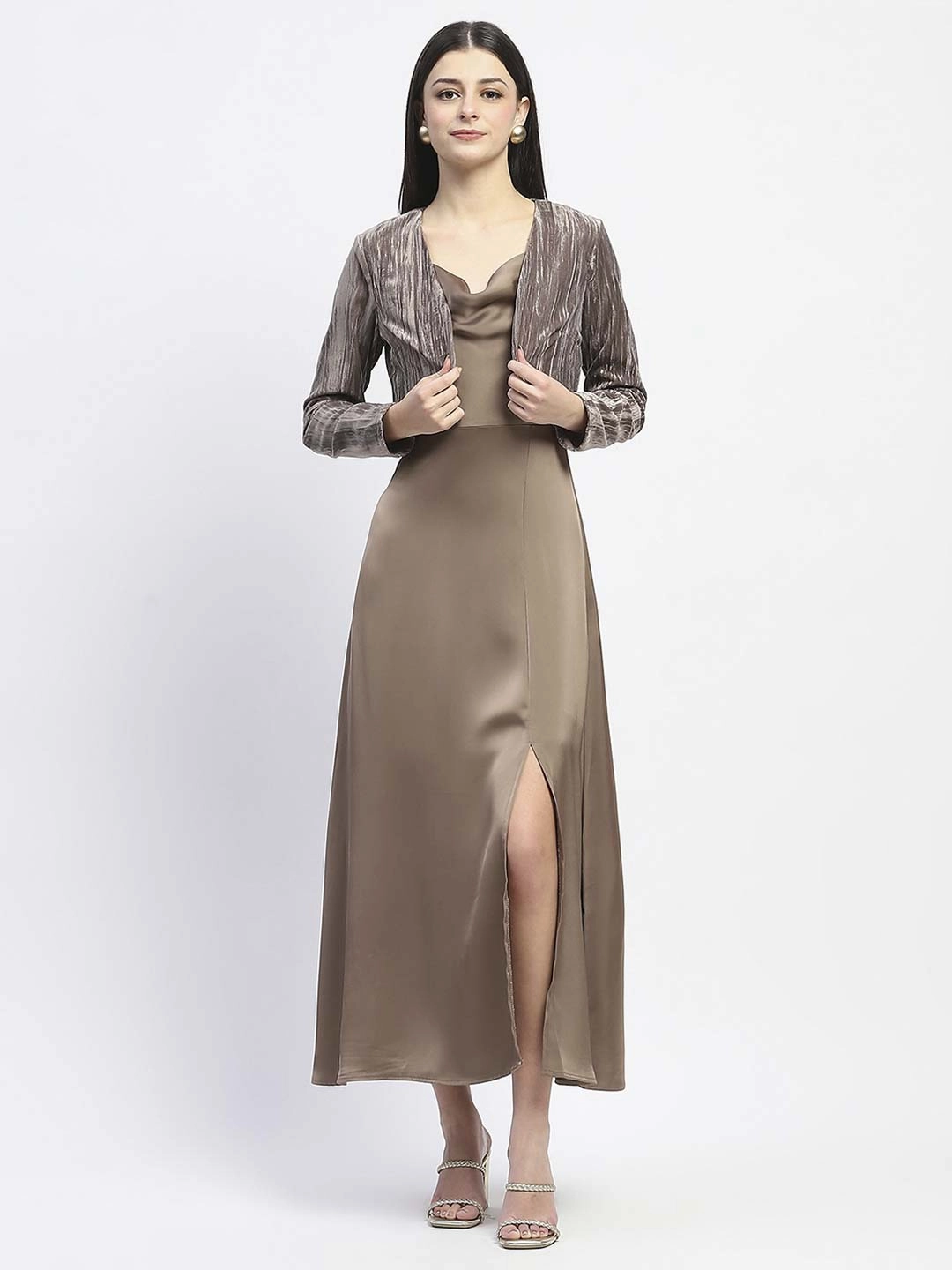Bust-Enhancing Madame Cowl Neck Golden Satin Maxi Dress