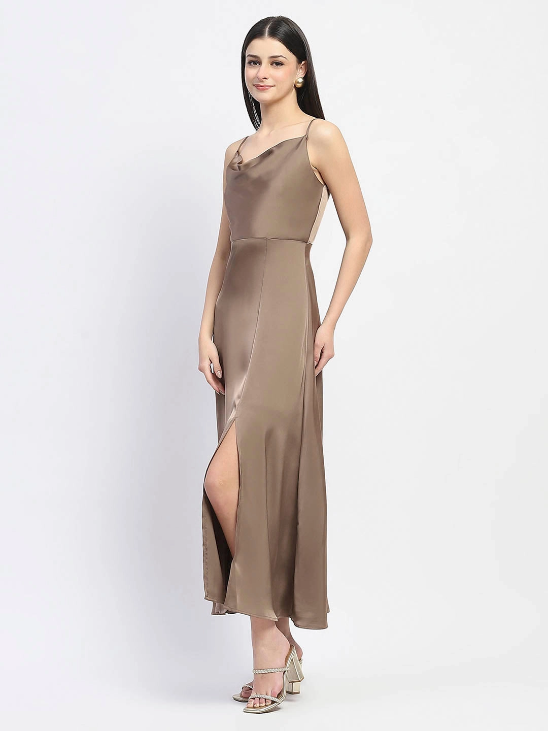 Madame Cowl Neck Golden Satin Maxi Dress Balanced Shape