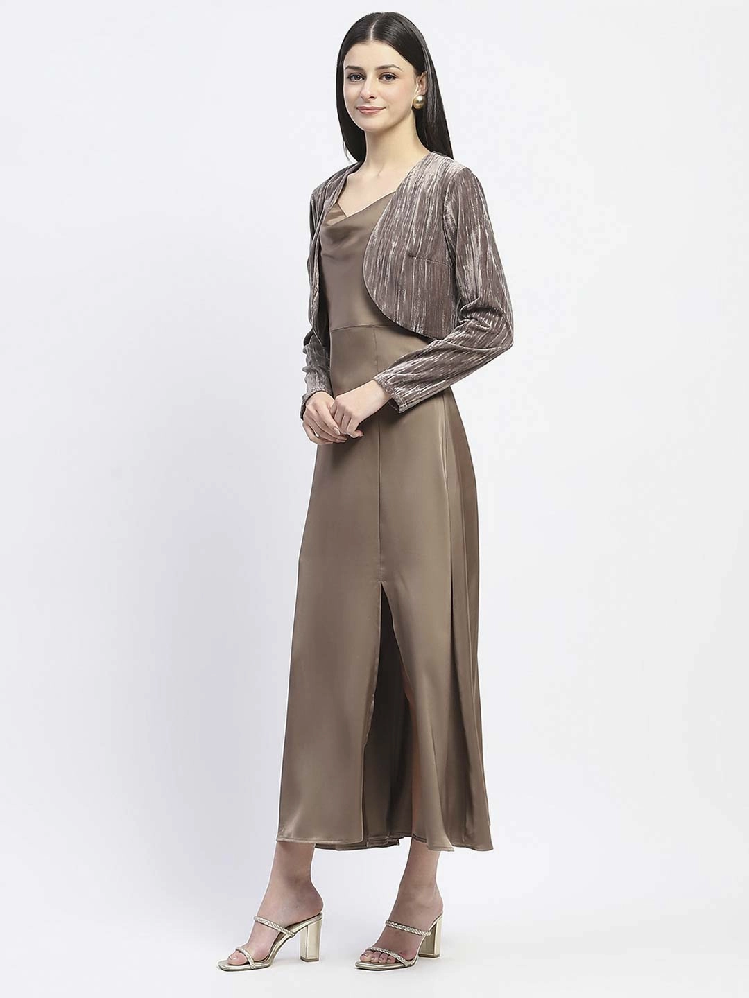 Light Elegance Fresh Texture Madame Cowl Neck Golden Satin Maxi Dress