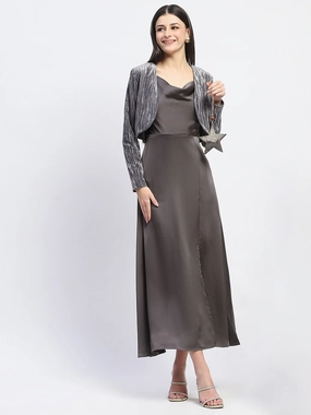 Madame Cowl Neck Solid Grey Satin Maxi Dress Fashionable appearance Work Vibe