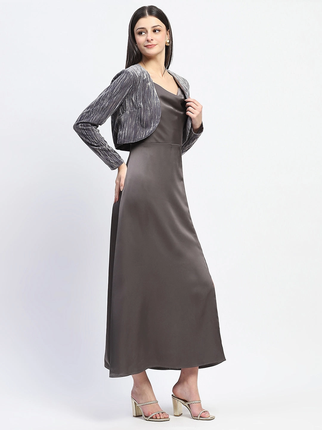 Madame Cowl Neck Solid Grey Satin Maxi Dress Mix-And-Match Work Fitwear