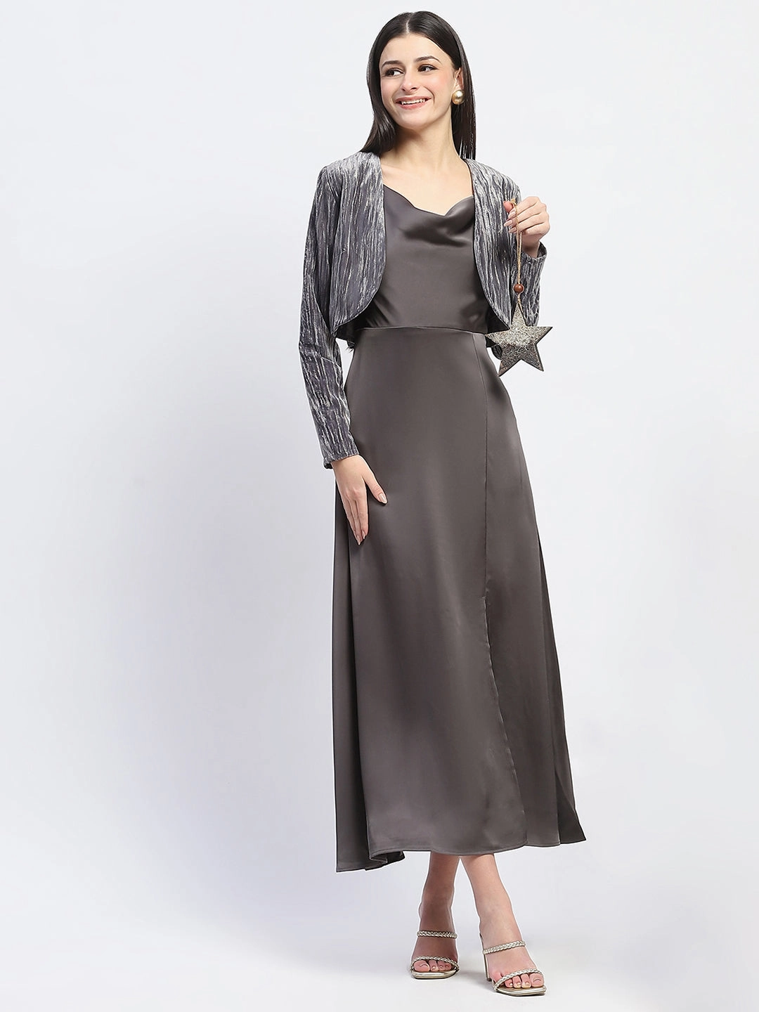 Madame Cowl Neck Solid Grey Satin Maxi Dress Fashionable appearance Work Vibe