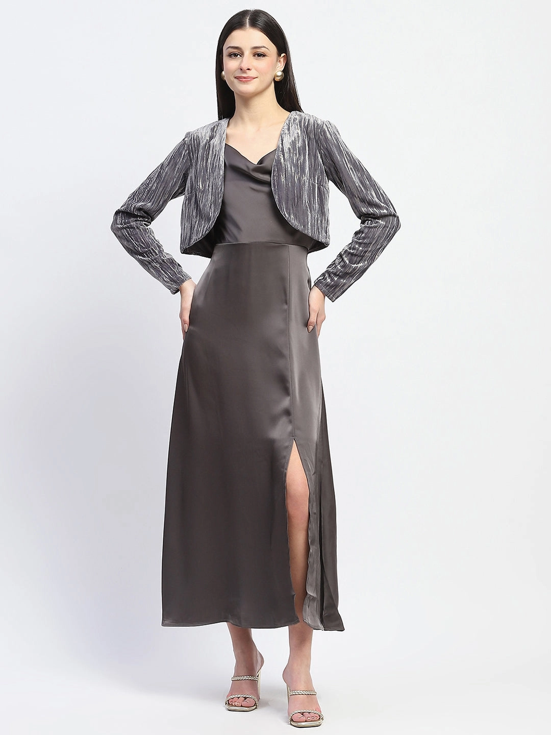 Madame Cowl Neck Solid Grey Satin Maxi Dress Cozy Balance Sophisticated Waist