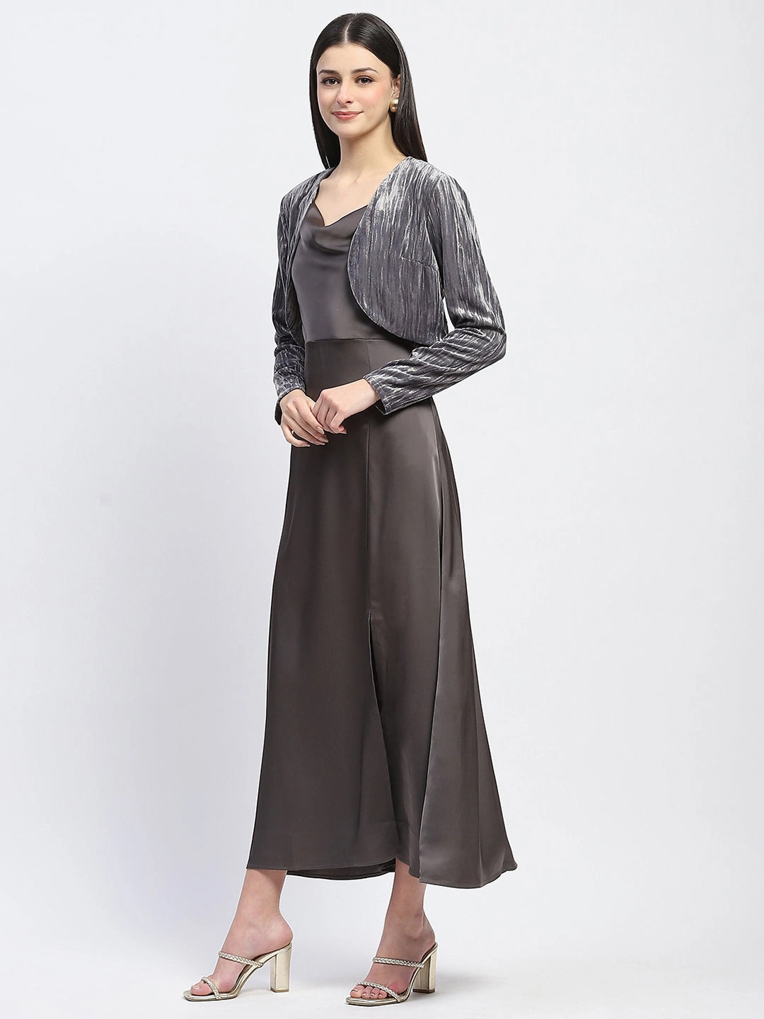 Madame Cowl Neck Solid Grey Satin Maxi Dress City Layer