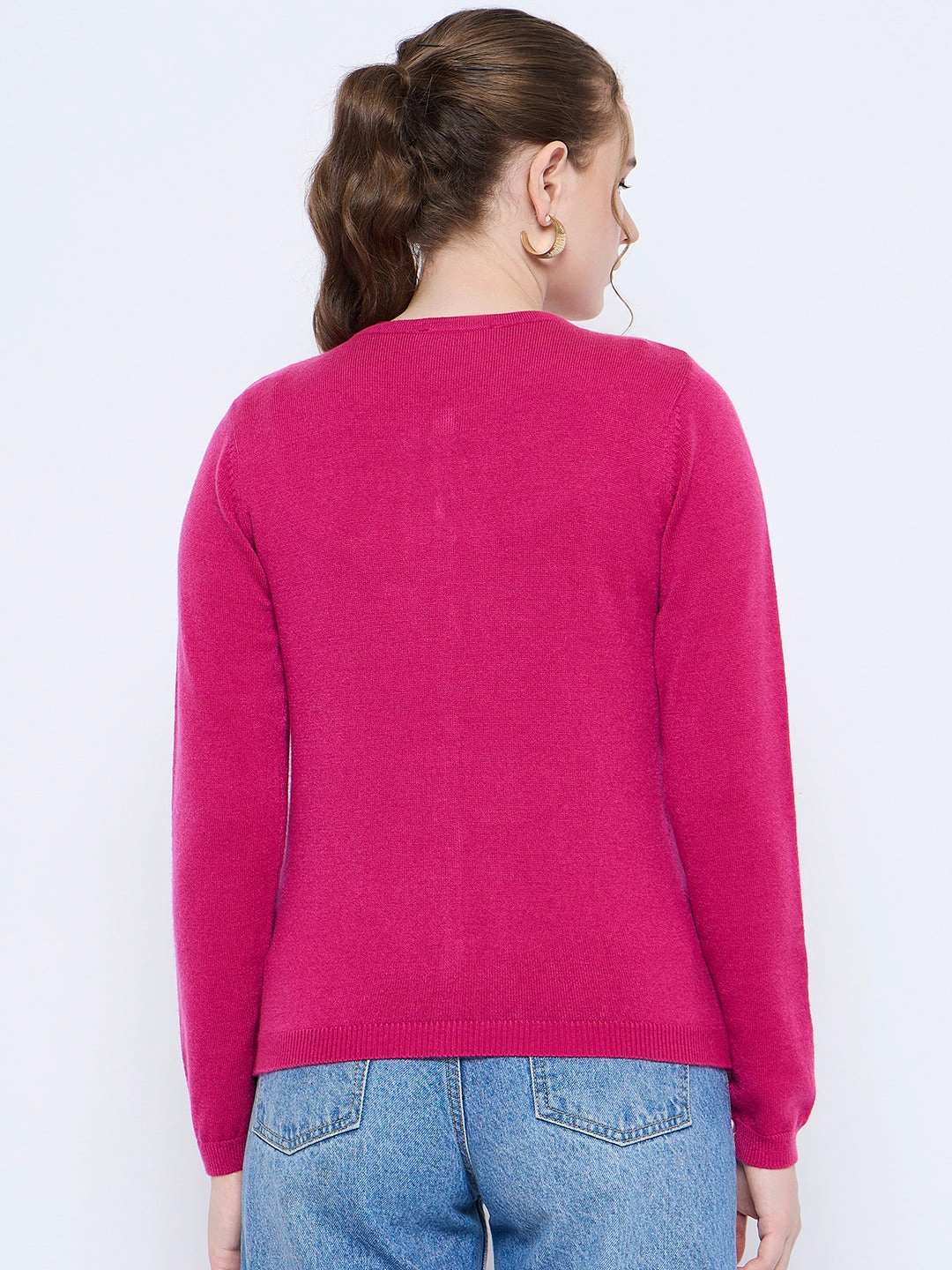 Reflective accents Madame Crew Neck Button Down Fuschia Cardigan