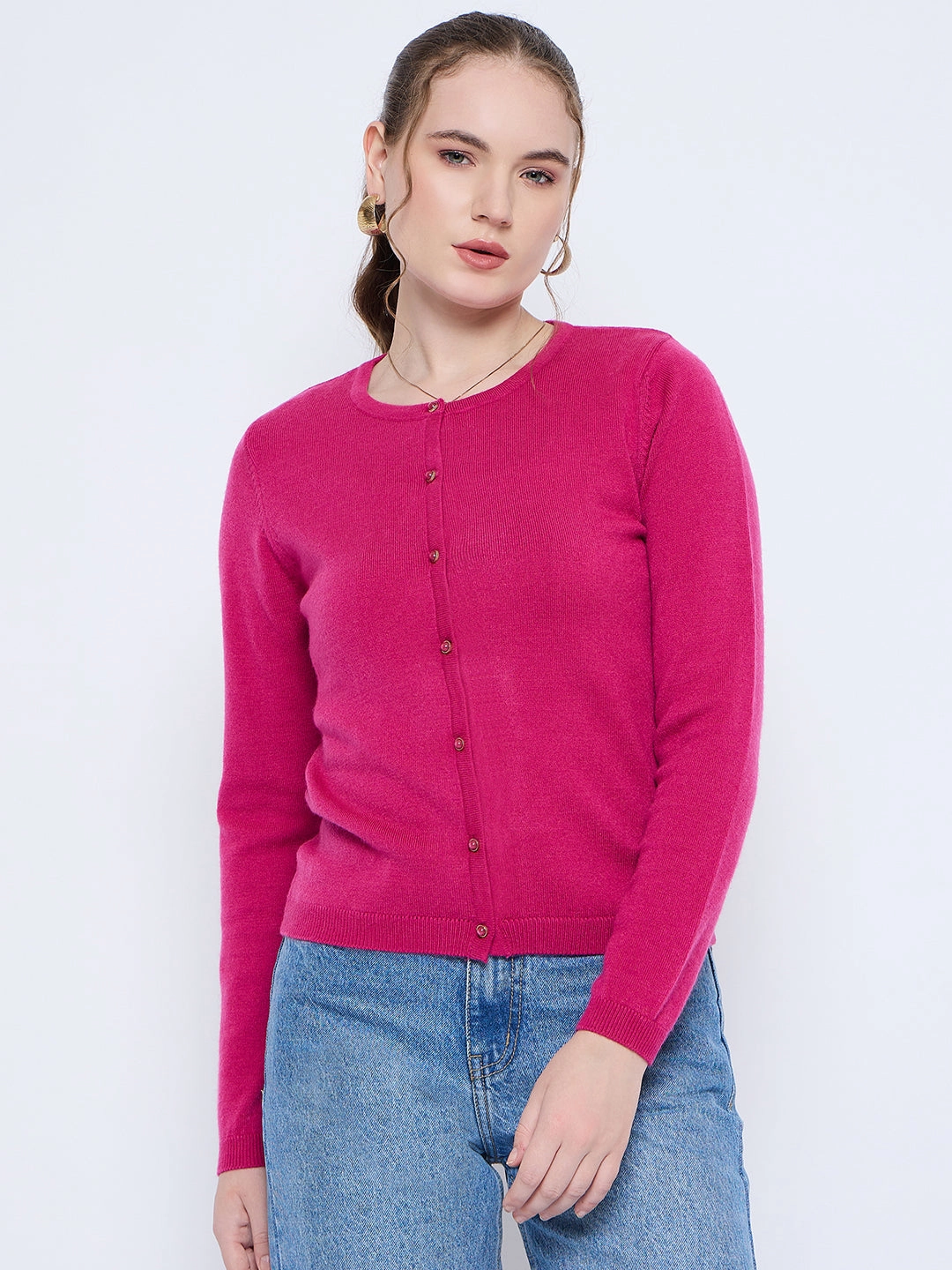 Slim Fit Shirt Madame Crew Neck Button Down Fuschia Cardigan