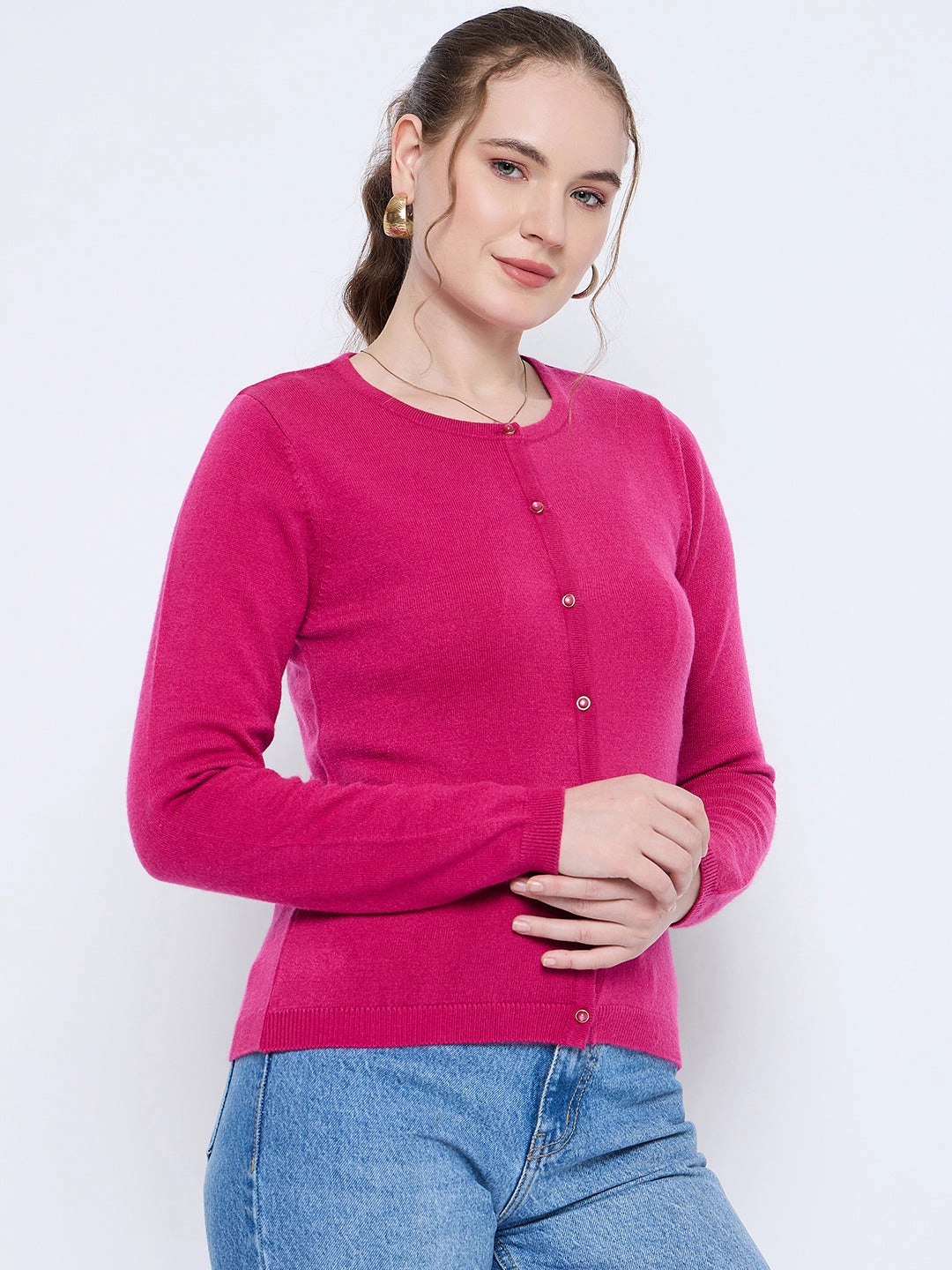 EthicallySourcedMaterial AdjustableCuffSystem Madame Crew Neck Button Down Fuschia Cardigan