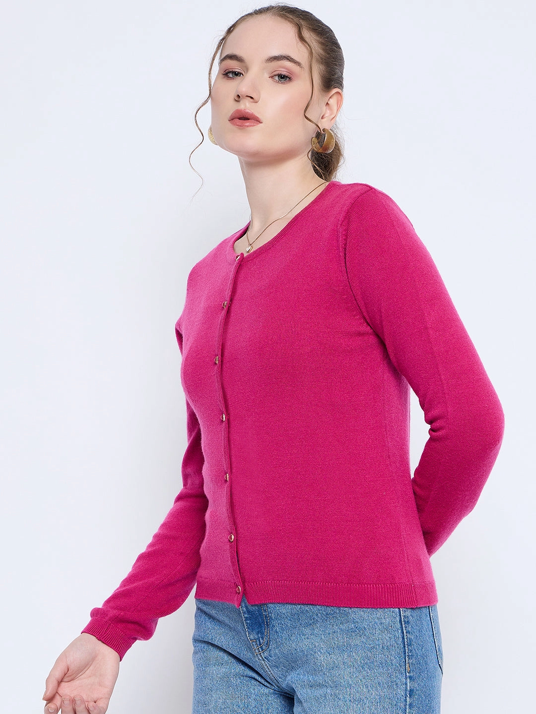 Two Tone Weave Silicone Grip Interior Madame Crew Neck Button Down Fuschia Cardigan
