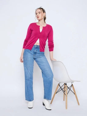 Overlock Edging Madame Crew Neck Button Down Fuschia Cardigan