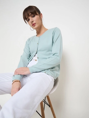 Madame Crew Neck Button Down Mint Green Cardigan Flexible Ribbing Biodegradable Fiber