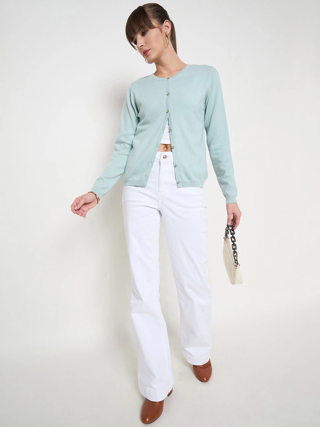Recycled Polyester Blend Madame Crew Neck Button Down Mint Green Cardigan