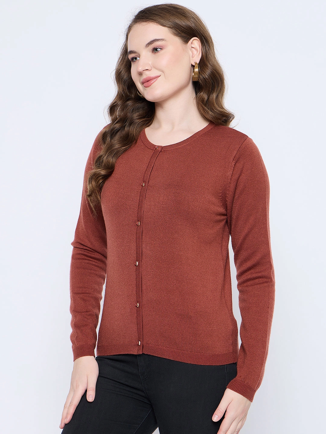 Madame Crew Neck Button Down Rust Red Cardigan Multi Pocket Functional Design