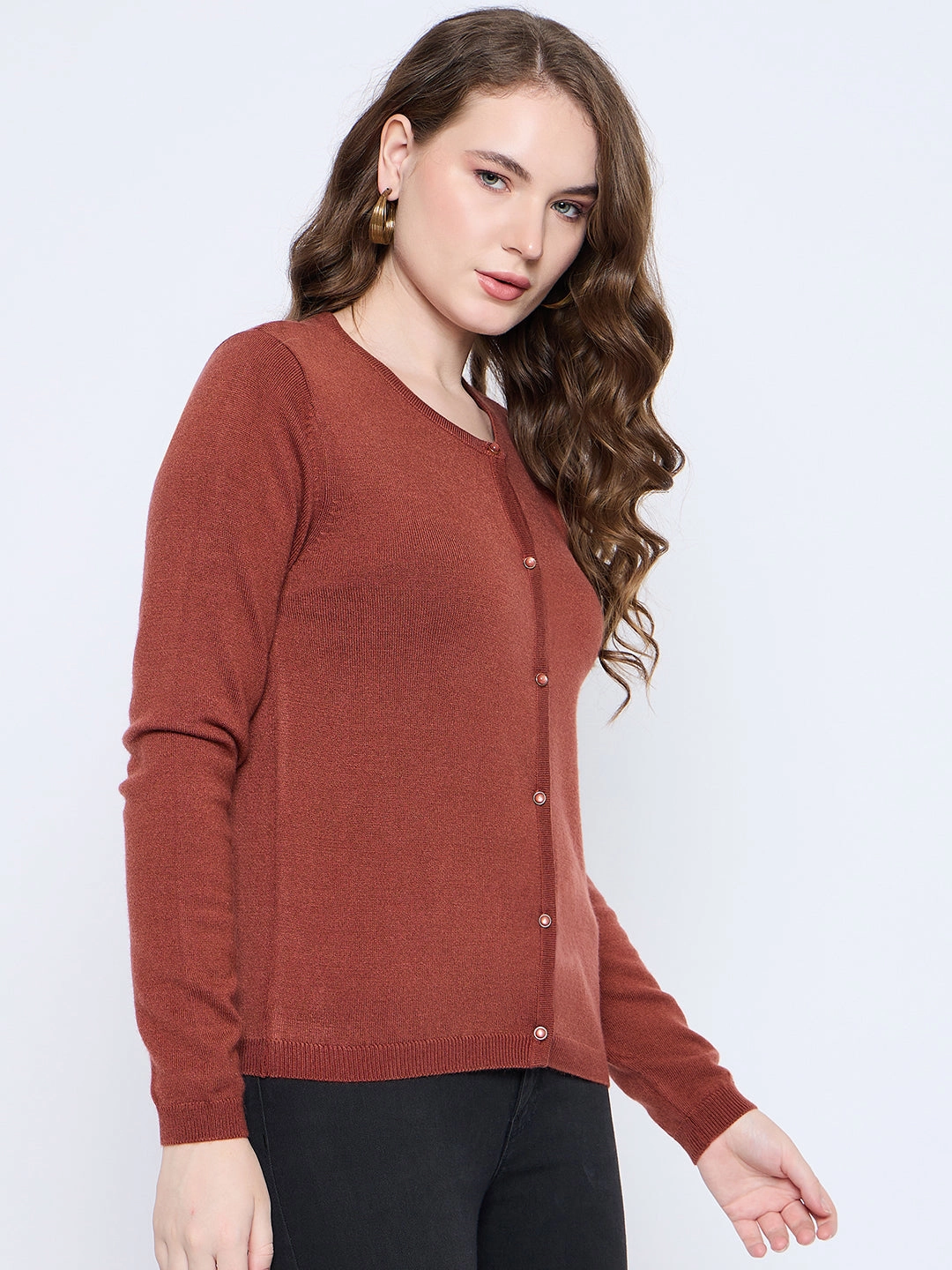 HighElasticity Thread LaserCutVents Madame Crew Neck Button Down Rust Red Cardigan