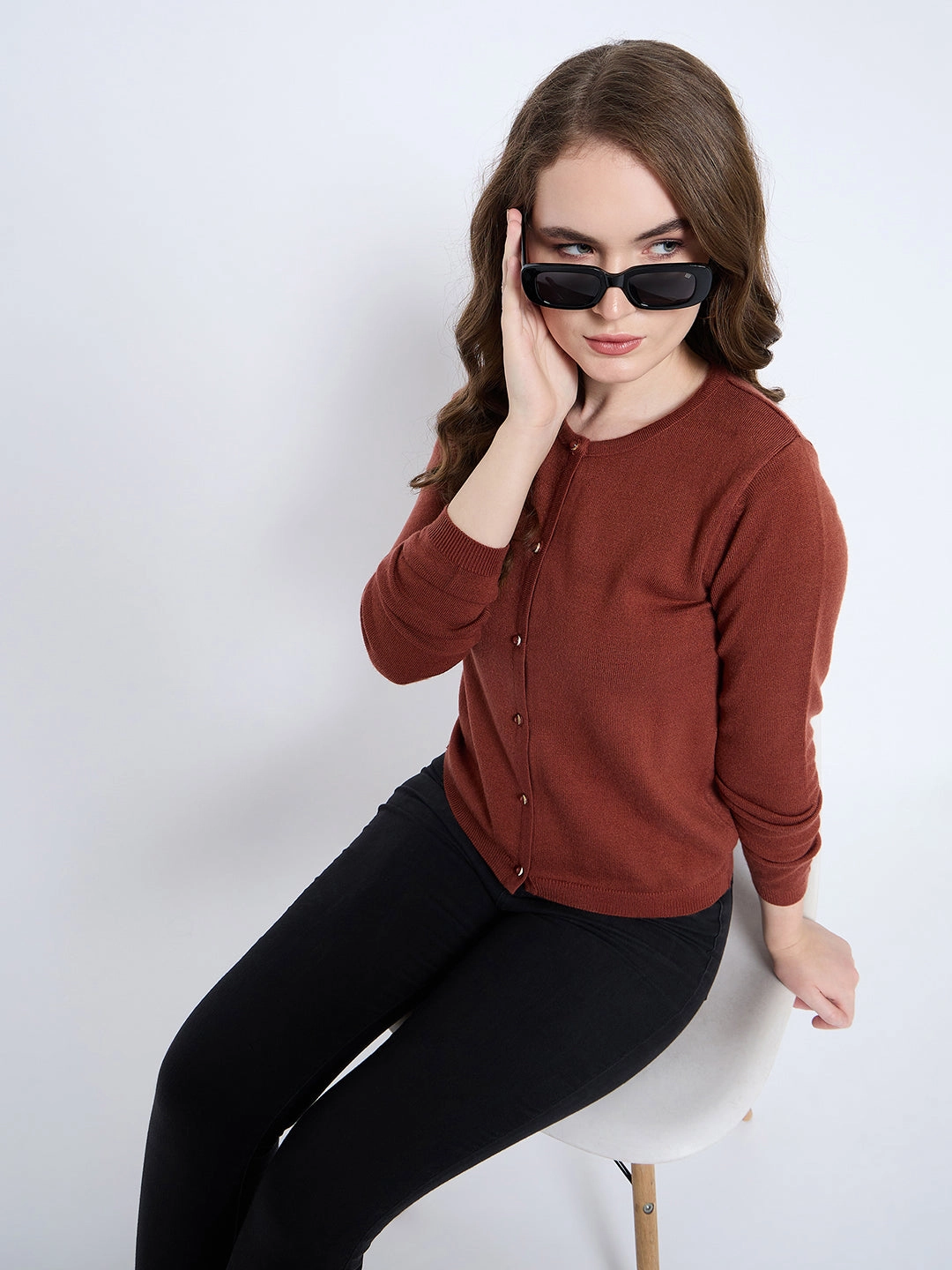 Madame Crew Neck Button Down Rust Red Cardigan Comfortable Fabric