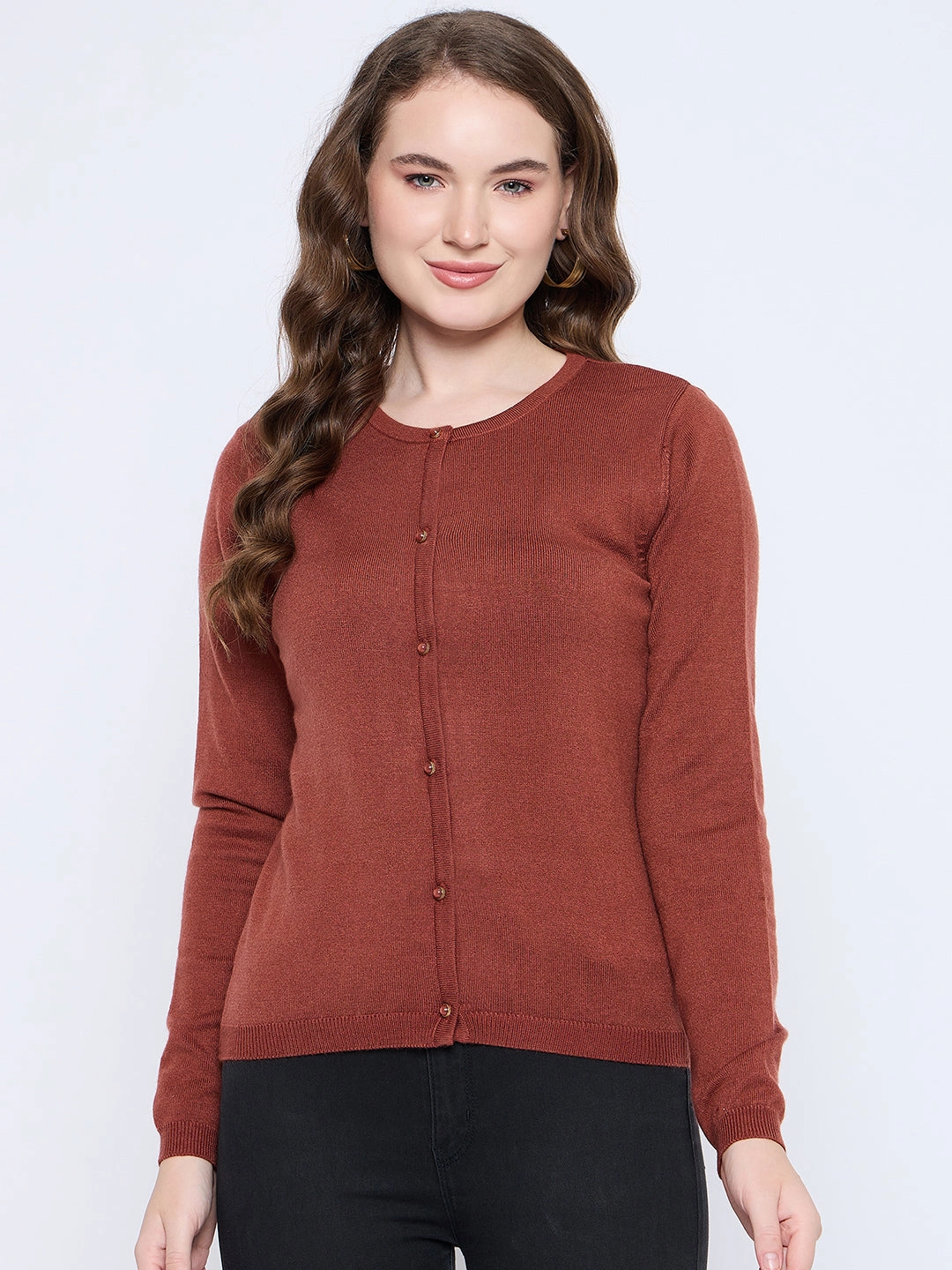 Madame Crew Neck Button Down Rust Red Cardigan AdjustableNeckline Heather Effect Finish
