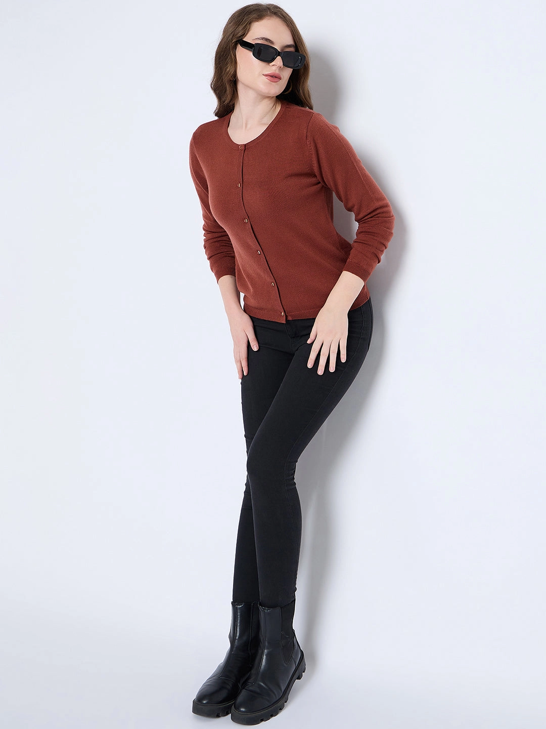 Madame Crew Neck Button Down Rust Red Cardigan Sporty Tee