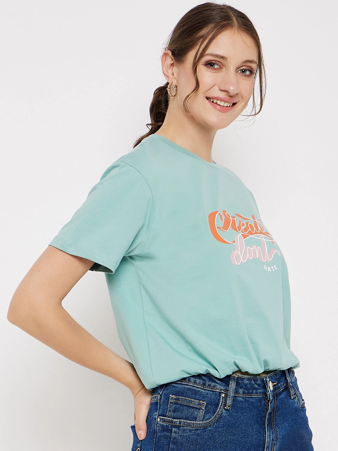 Madame Crew Neck Green Printed T-Shirt Perfect Fit Wear