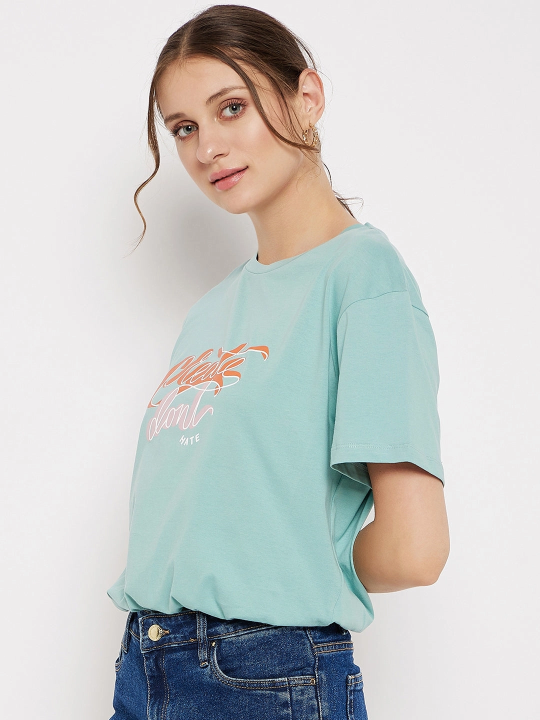 Madame Crew Neck Green Printed T-Shirt Layered Look